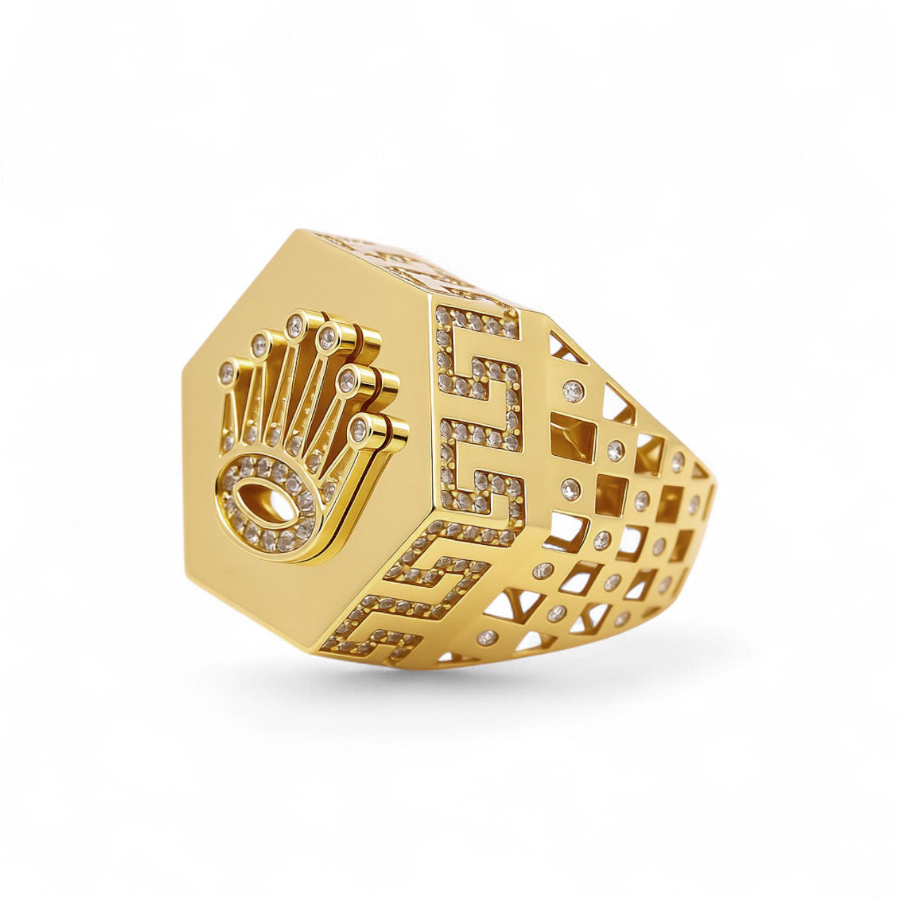 14K Yellow Gold RX Men's Ring with Greek Design and Cz / Size 11.5 / Weight: 14.9 GR / COMR4RXGR