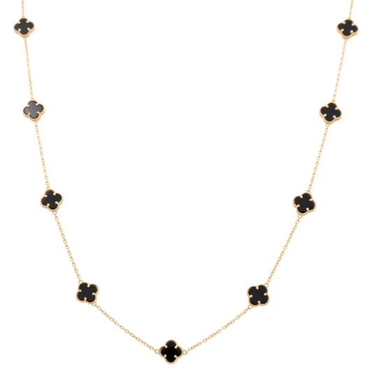 14K Yellow Gold Women's Necklace with Five Black Small Clover / Size: 18" / Weight: 7.4 GR
