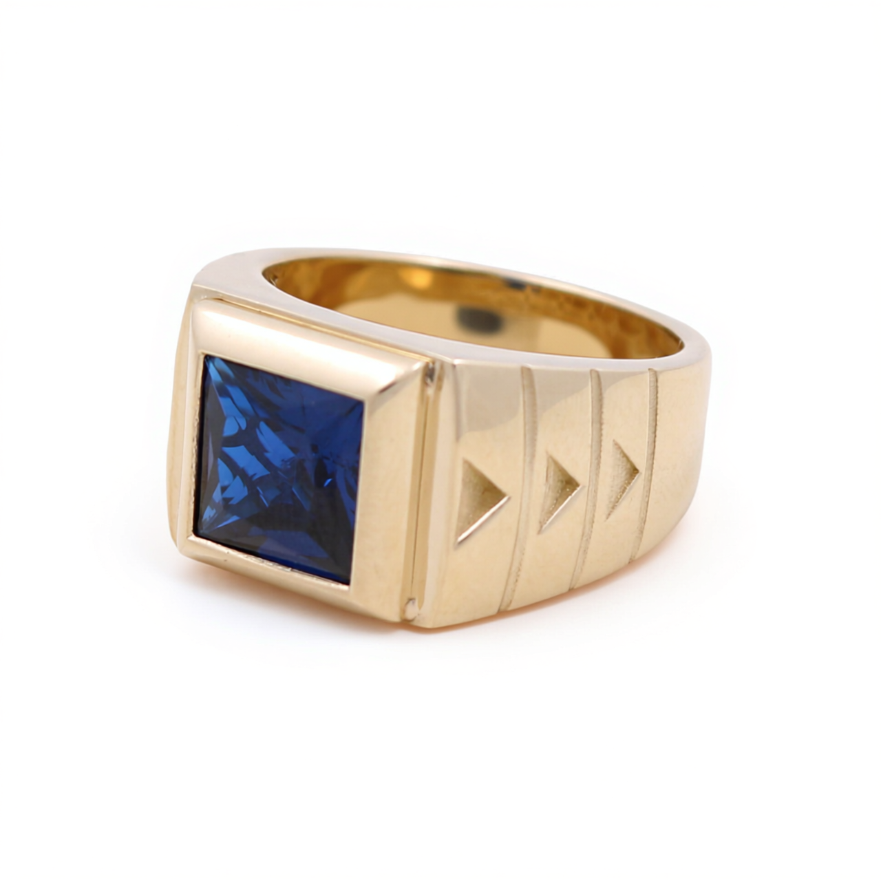 14K Yellow Gold SQ Fashion Men's Ring with Blue Cz / Size: 11.5 / Weight 8 GR / BOMR4FS-49