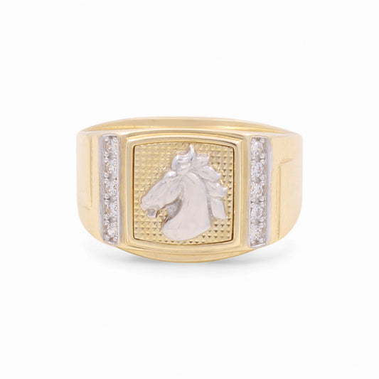14k Two Tone Square Horse Men's Ring with Cz / Size: 9.5 / Weight 8.9 GR / COMR4SQTTHRCZ