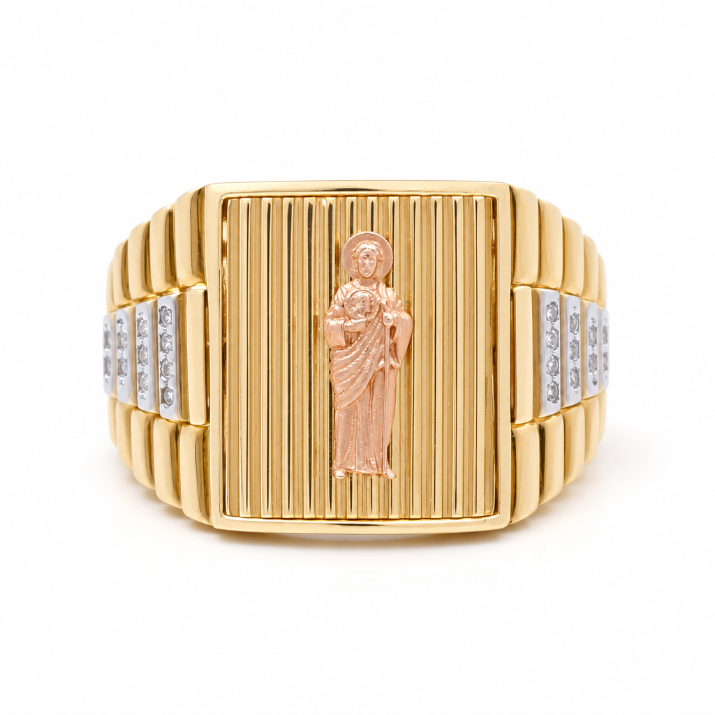 14K Yellow, White and Gold San Judas Men's Ring with Cz / Size: 10 / Weight 9.9 GR