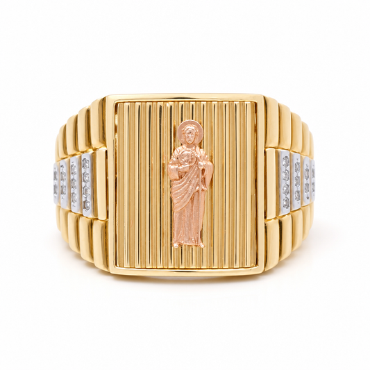 14K Yellow, White and Gold San Judas Men's Ring with Cz / Size: 10 / Weight 9.9 GR