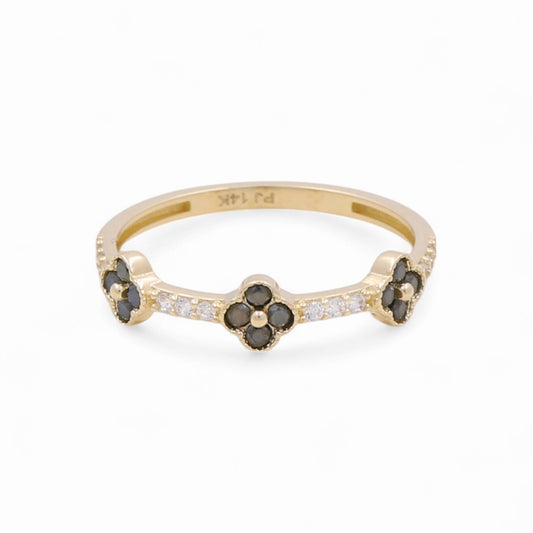 14K Yellow Gold Three Flower Women's Ring with Black Cz / Size: 8 / Weight: 1.2 GR / Y24-1259