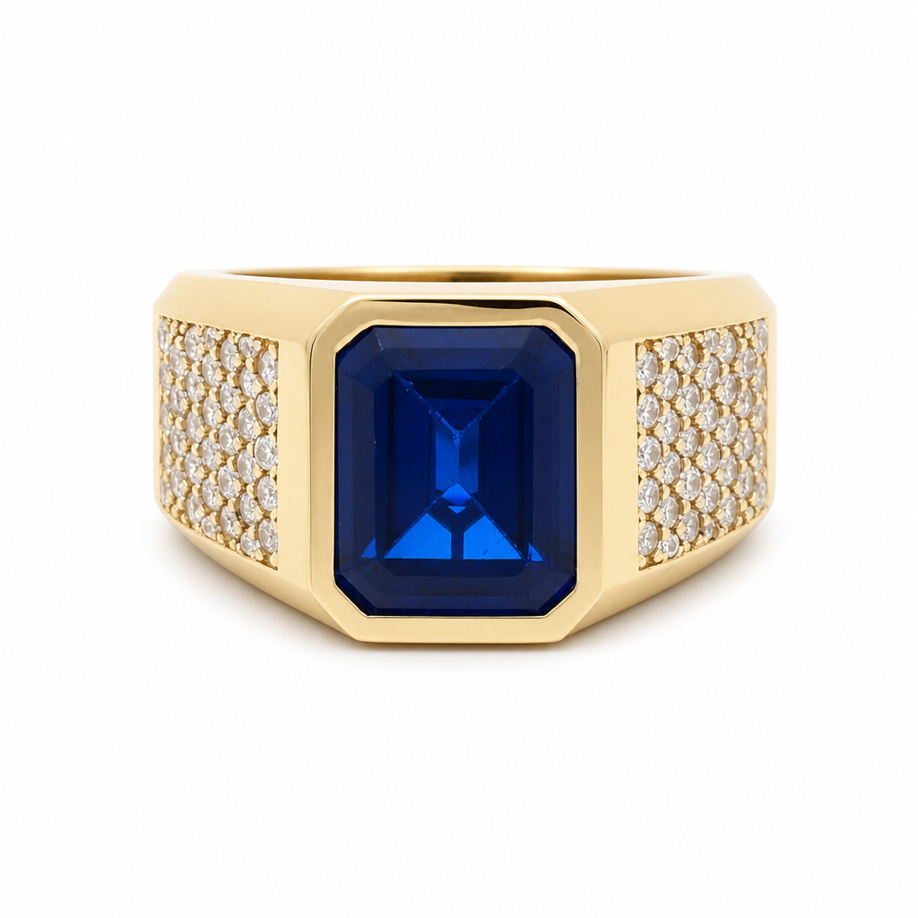 14K Yellow Gold Fashion Men's Ring with Blue and White Cz / Size 11 / Weight 10.9 GR