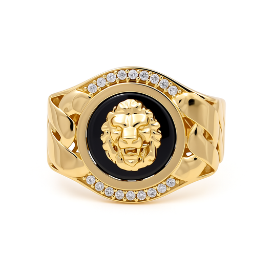 10K Yellow Gold Lion RD Men's Ring with Onyx and Cz / Size: 10.5 / Weight: 7.6 GR / P04FM-693