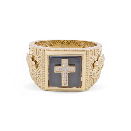 10K Yellow Gold Cross and San Judas Men’s Ring with Onyx Stone / CZ / Size 11 / Weight: 6.9GR / BPMR0CSSJ