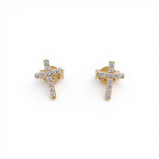 10K Yellow Gold Cross Stud Earrings with Cz / Weight: 0.8 GR / CQES0CS