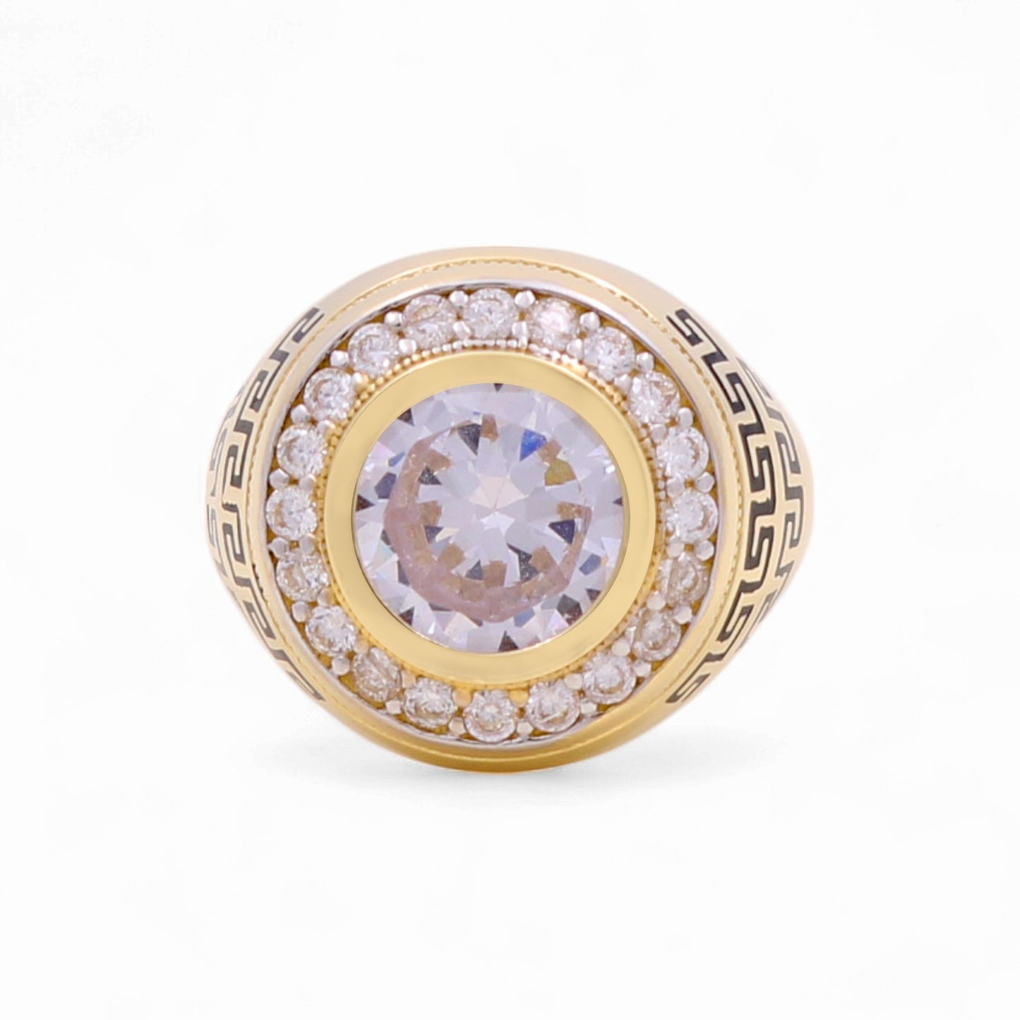 14k Round Men's Ring with Black Enamel Greek and Cz / Size 9.5 / Weight 9.4 GR / BOMR4FS-15