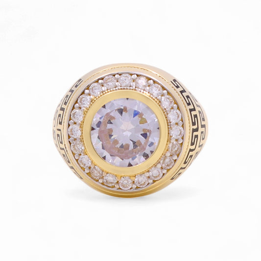 14k Round Men's Ring with Black Enamel Greek and Cz / Size 9.5 / Weight 9.4 GR / BOMR4FS-15