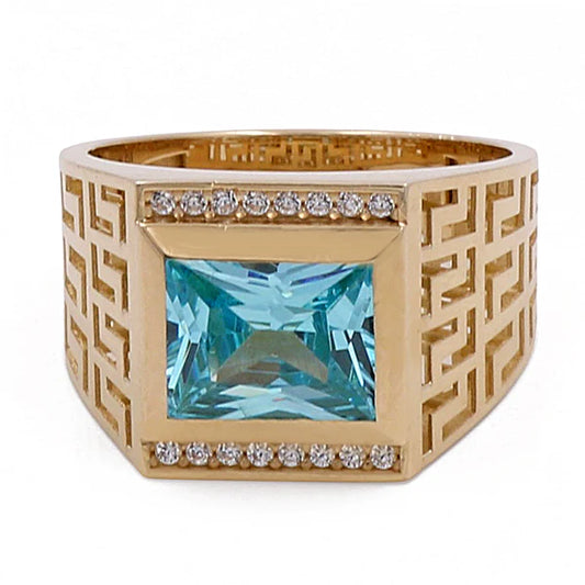 BOMR4FS-20 14k B Cz Size 9.5sz Weight 7.0grCuadrado Mens Ring with Greek and Light Blue Cz