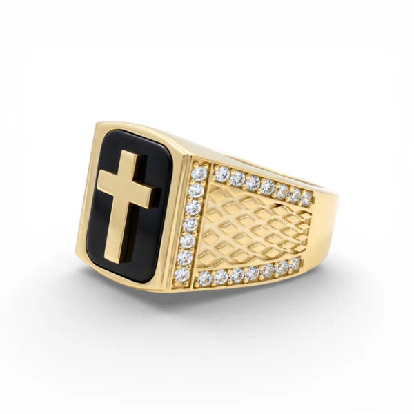 14K Yellow Gold SQ Cross Men's Ring with Onyx and Cz / Size: 10.5 / Weight: 7.7 GR