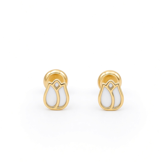14K Yellow Gold Flower Stud Earrings with Mother of Pearl / 6-490701PN