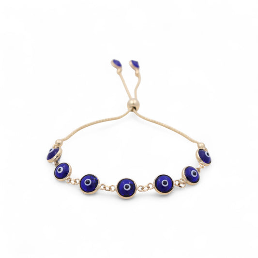 14K Yellow Gold Women's Adjustable Evil Blue Eyes Bracelet / Weight: 5.1 GR / BOWB4EY-3