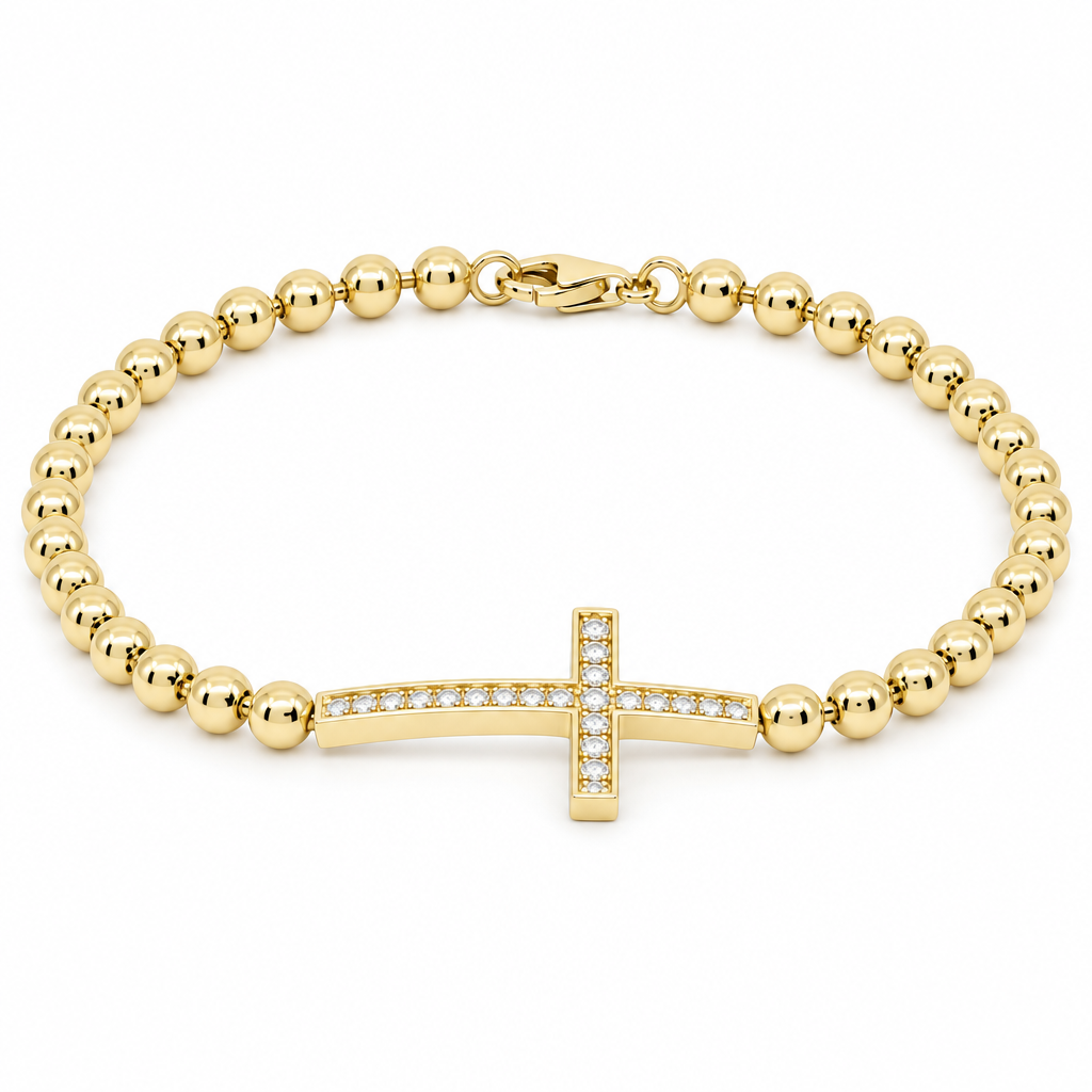 14K Yellow Gold Fashion Women's Bracelet with Cross & Cz Stone / Size: 7'' / Weight: 5.4 GR / DQWB4CRSS