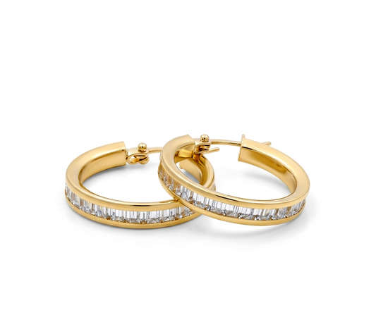 14K Yellow Gold Hoops Earrings with Baguette / Size: 3.2mm 17mm / Weight: 2.8 GR