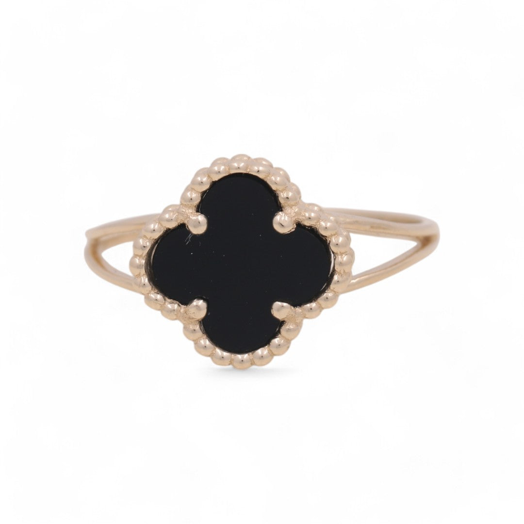 14K Yellow Gold Women’s Fashion Black Clover Ring / Size: 7.5 / Weight: 2.2 GR / BOWR4CLV-12