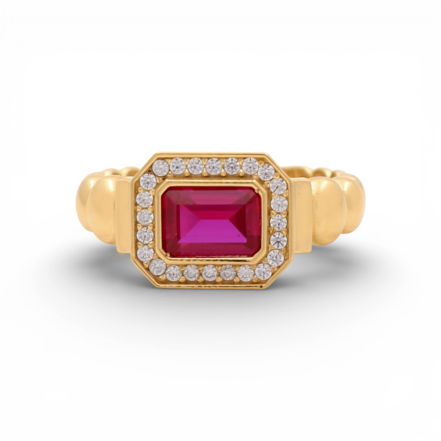 14K Yellow Gold Fashion Women's Ring with Red Cz / Size: 7.5 / Weight: 3.1GR / YRF-3839