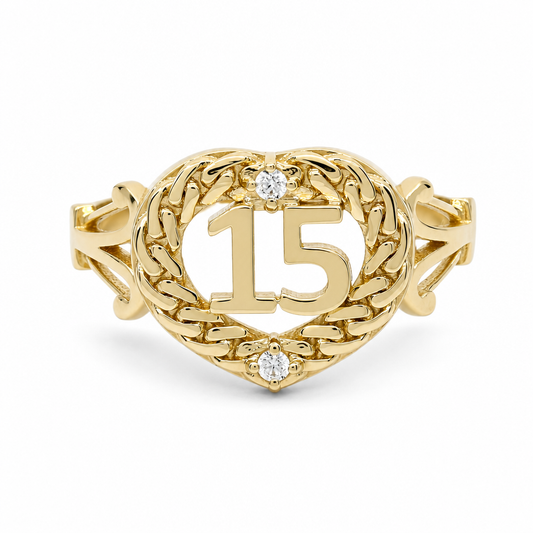 10K Yellow Gold Quinceanera Women's Ring with Heart and Cz / Size: 8 / Weight: 3.3 GR / LLBWR0HR15-1