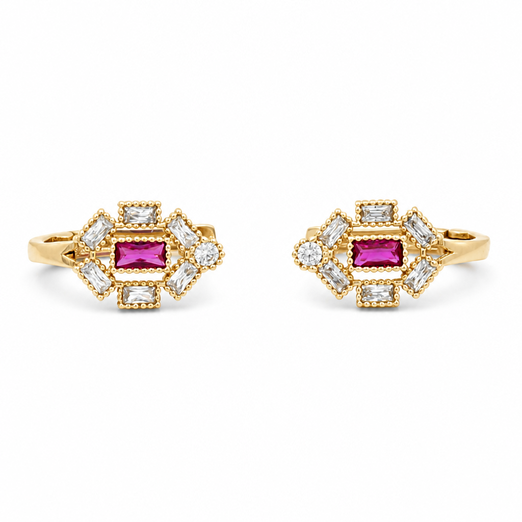 14K Yellow Gold Stud Earrings with White and Pink Cz / Weight 1.1 GR / COES4CZ-3