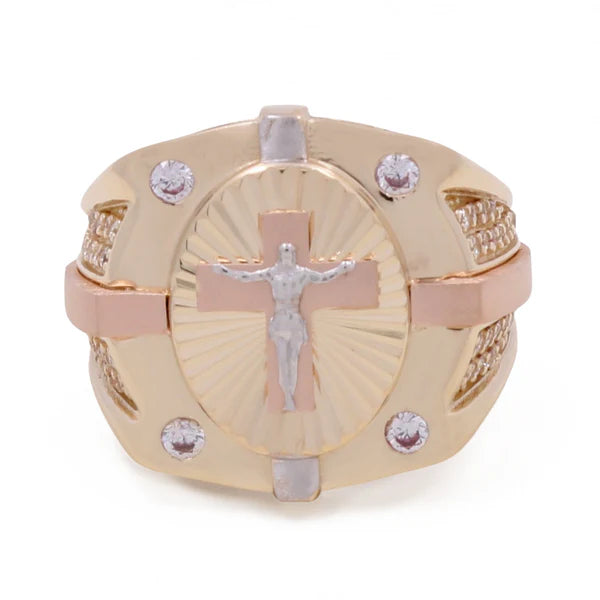 14K Tricolor Gold Jesus on the Cross Men’s Ring / CZ / Size 10 / Weight: 8.3 GR / COMR3T4CRS