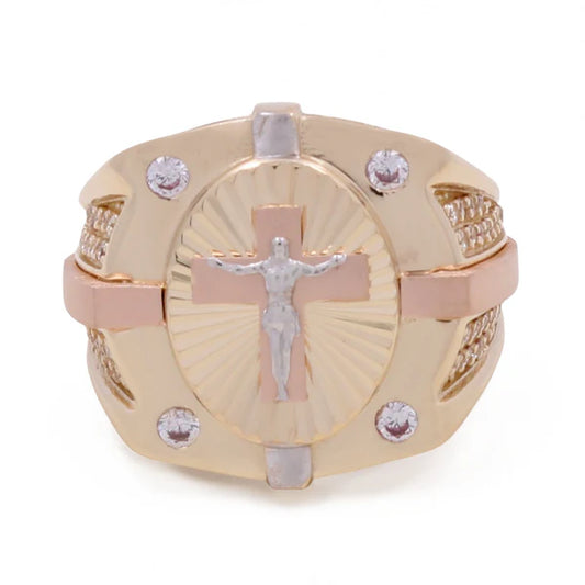 14K Tricolor Gold Jesus on the Cross Men’s Ring / CZ / Size 10 / Weight: 8.3 GR / COMR3T4CRS