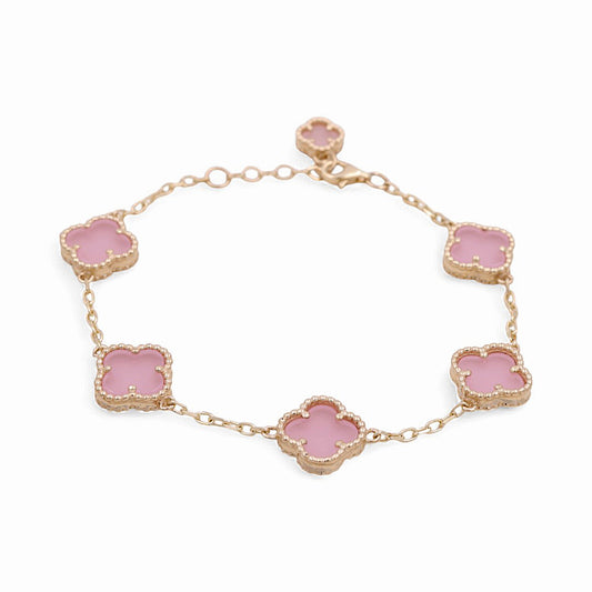 14K Yellow Gold Women's Bracelet with 5 Pink Clover