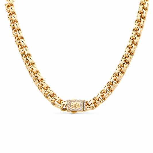 14K Yellow Gold Chinese Link Necklace / Cz / Size: 9.5mm 18" / Weight 47.6 GR / CONK4FS-4