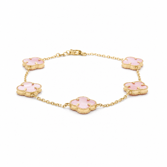 14K Yellow Gold Five Pink Clovers Women's Bracelet / Size: 7" 11MM / Weight: 4.3 GR