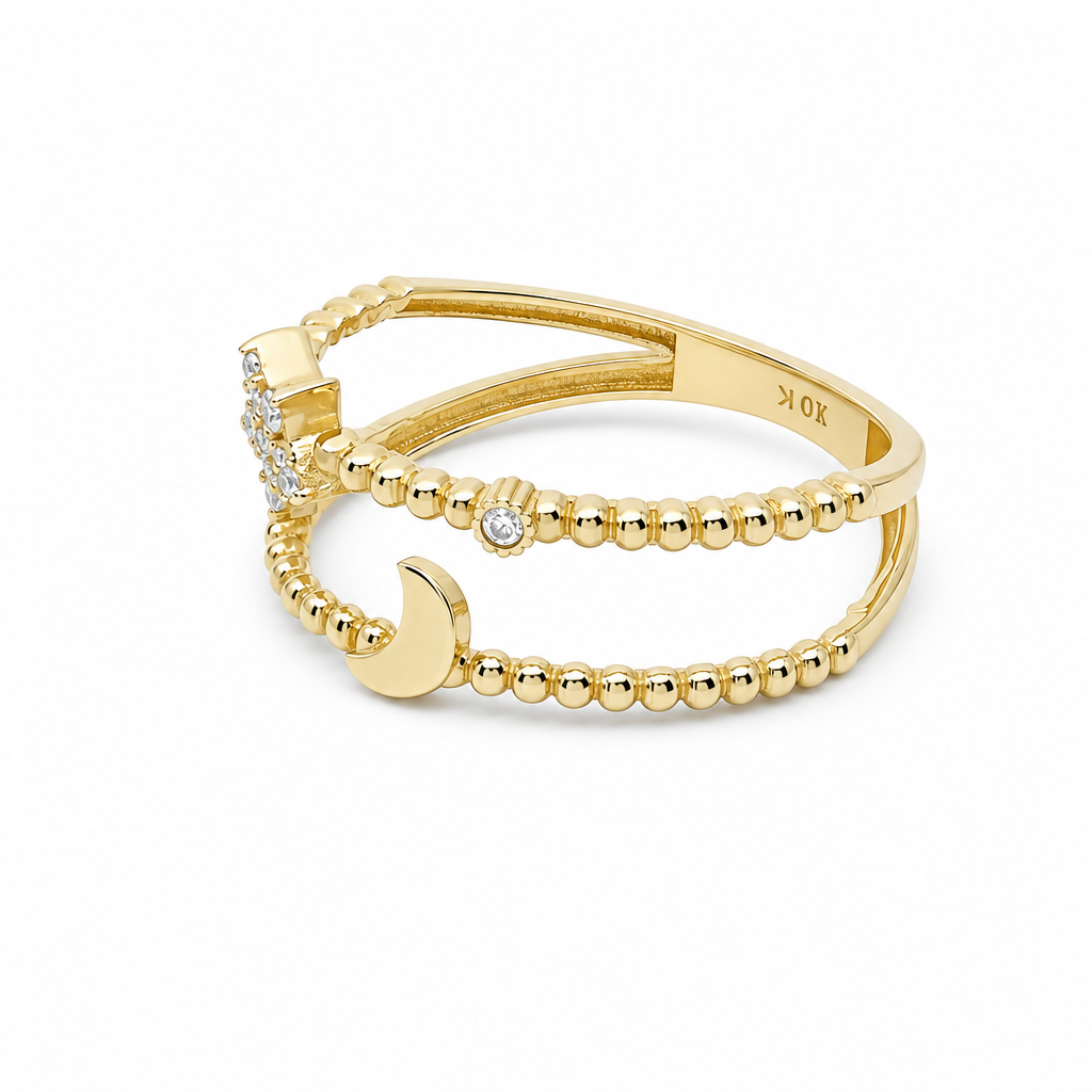10K Yellow Gold Women's Ring With Moon and Star / Size: 6 / Stone CZ / Weight: 1.5 GR / DQWR0ST-4