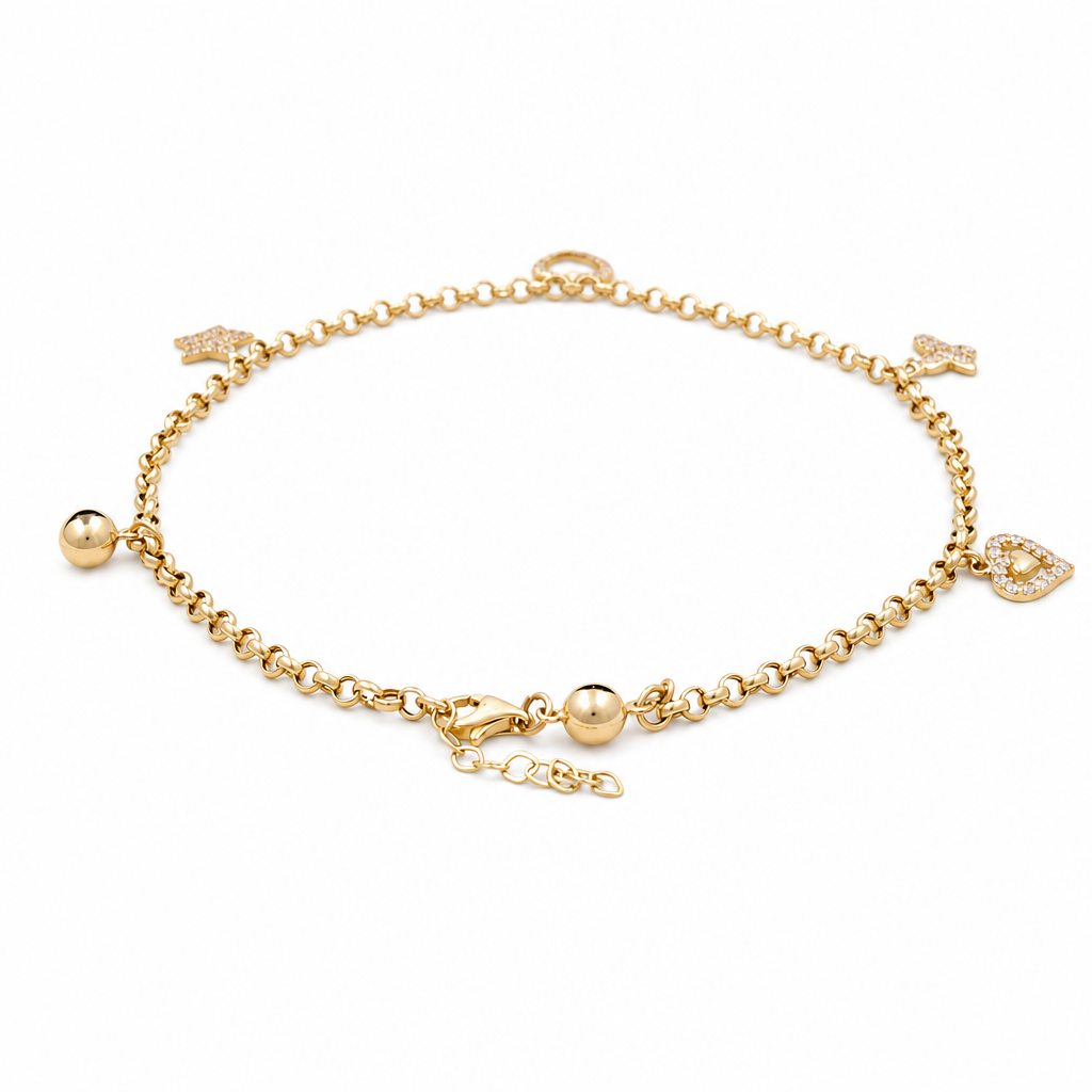 14k Yellow Gold Rolo Link Women's Anklet Bracelet with Charms and Cz / Size: 10.5" / Weight: 5.3 GR / CCFAB4FS-5