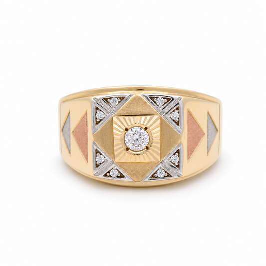 14K Yellow, White and Rose Gold Fashion Men’s Ring with Cz / Size 10 / Weight: 7.9 GR