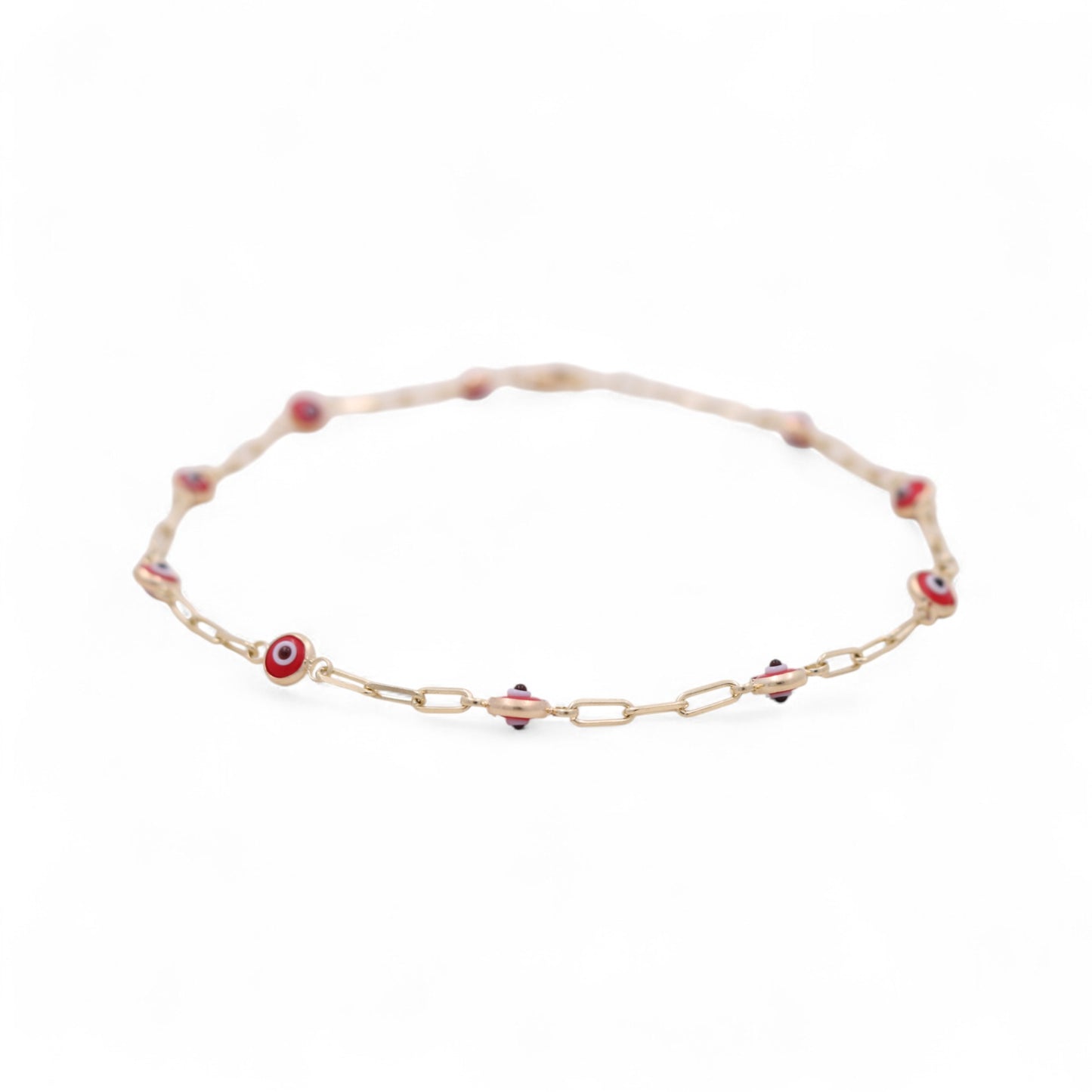 14K Yellow Gold Paper Clip Women's Bracelet with Red Evil Eyes / Size: 8.5 " / Weight: 2.6 GR / CCFWB4EY