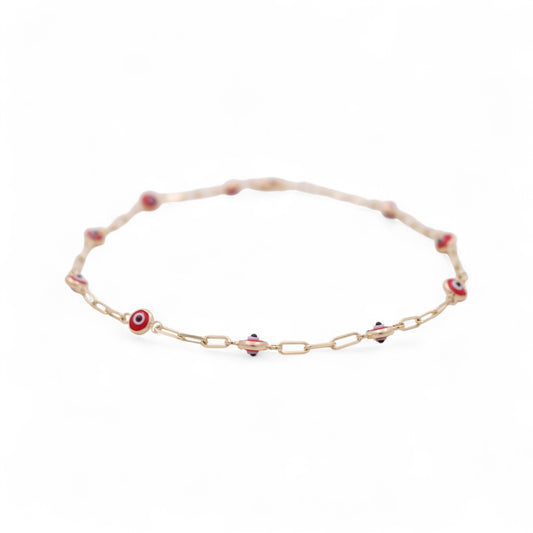 14K Yellow Gold Paper Clip Women's Bracelet with Red Evil Eyes / Size: 8.5 " / Weight: 2.6 GR / CCFWB4EY