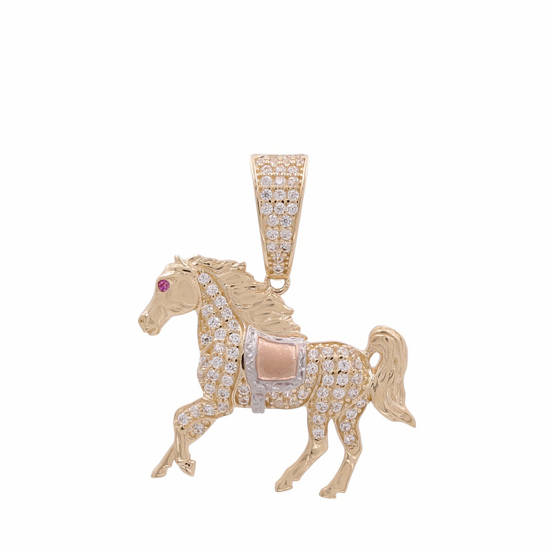 14K Yellow Rose and White Gold Horse Pendant / CZ / Red Stone
