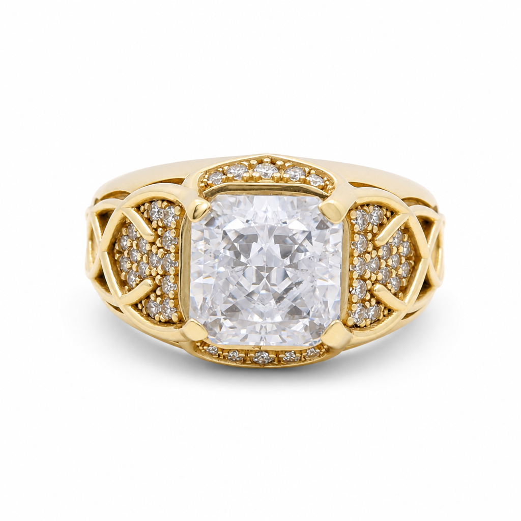 14K Yellow Gold SQ Fashion Men's Ring with White Cz / Size: 11 / Weight: 12.7 GR