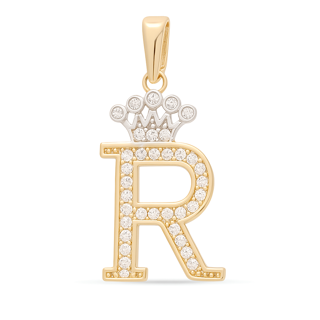 14K Yellow and White Gold Initial R with Crown / Size: 26mm / Stone: Cz / Weight: 1.3 GR / 73251R