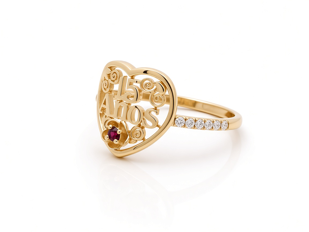 10K Yellow Gold Quinceanera Women's Ring with Heart and Cz / Size: 7.5 / Weight: 1.5 GR / DQWR0HR-13
