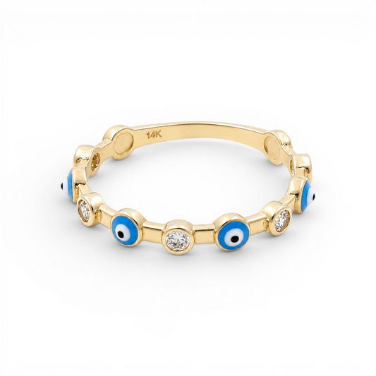 14K Yellow Gold Fashion Women's Rings with Blue Eye and Cz / Size: 7.5 / Weight: 1.5 GR