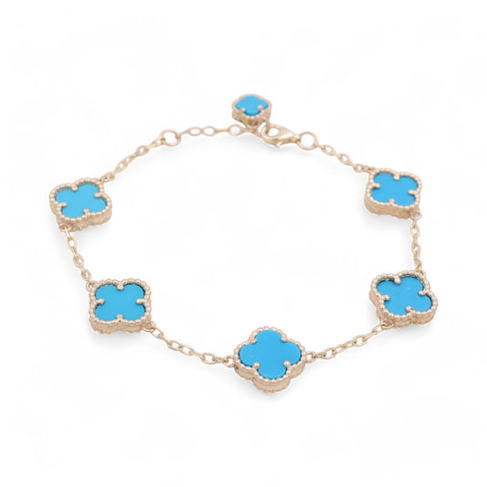 14K Yellow Gold Women's Bracelet with 5 Light Blue Clover / Size 7" / Weight 8.2 GR / BOWB4CLV-6