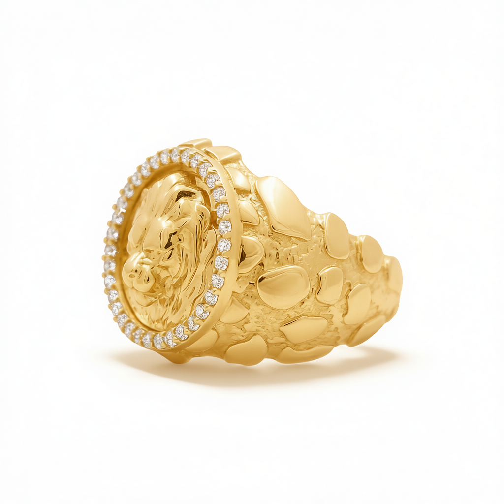 14K Yellow Gold RD Lion Men's Ring with Nugget Design and Cz / Size: 11.5 / Weight: 12 GR / DQMR4LN