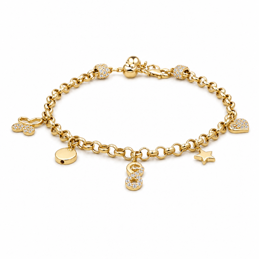 14k Yellow Gold Rolo Link Women's Bracelet with Charms and Cz / Size: 8" / Weight: 6.7 GR / CCFWB4FS-12