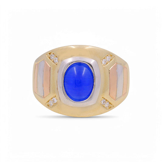 14K Yellow, White and Rose Fashion Men's Ring with Blue Stone / Size: 10 / Weight: 7.1 GR / KEEMR3T4FS