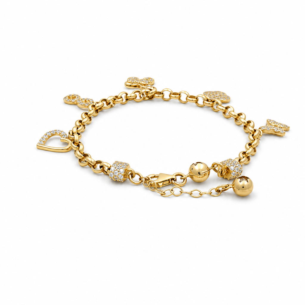 14k Yellow Gold Rolo Link Women's Bracelet with Charms and Cz / Size: 7.5" / Weight: 7 GR / CCFWB4FS-9