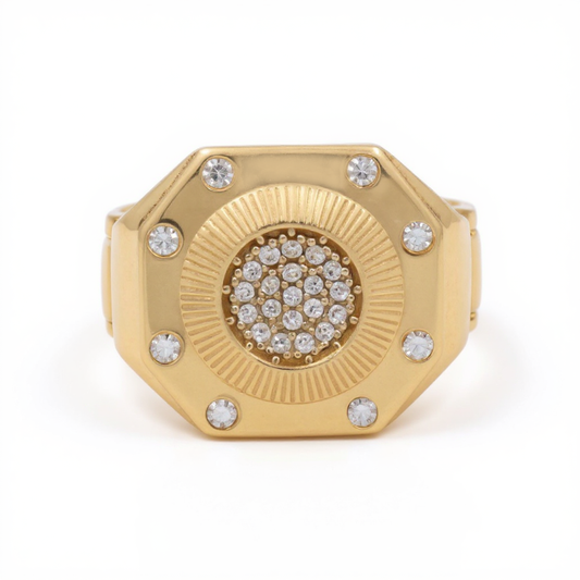 14K Yellow Gold Fashion Men’s Ring with White Stones / Size 10.5 / Weight: 8.2 GR / DOMR4FS-17