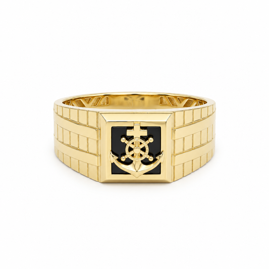 14K Yellow Gold Anchor Men’s Ring with Onyx / Size 11 / Weight: 4.7 GR / DQMR4AN-2