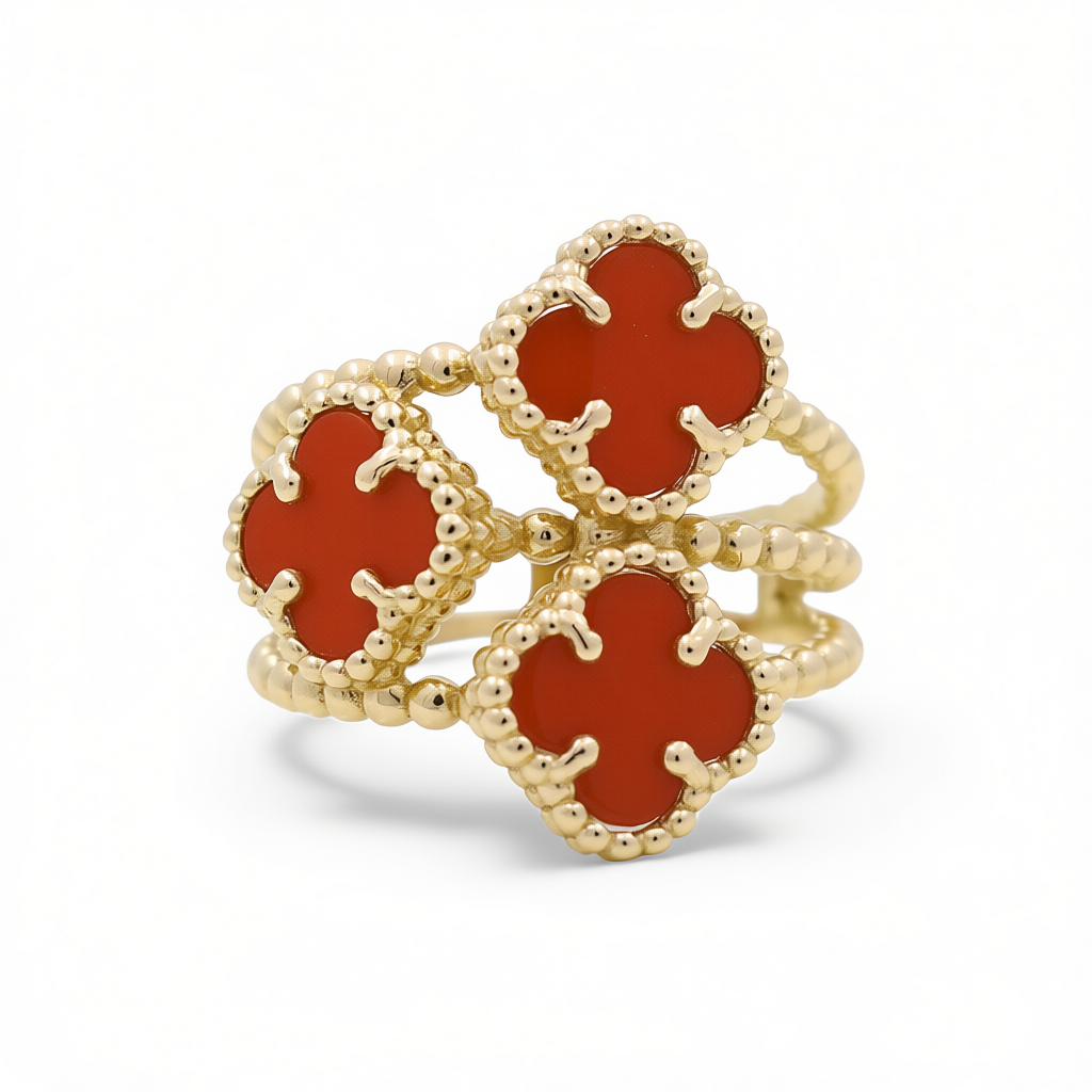 14K Yellow Gold Women’s Fashion Ring / Three Red Clover/ Size 8/ Weight: 5.4 GR / COWR4FL-11