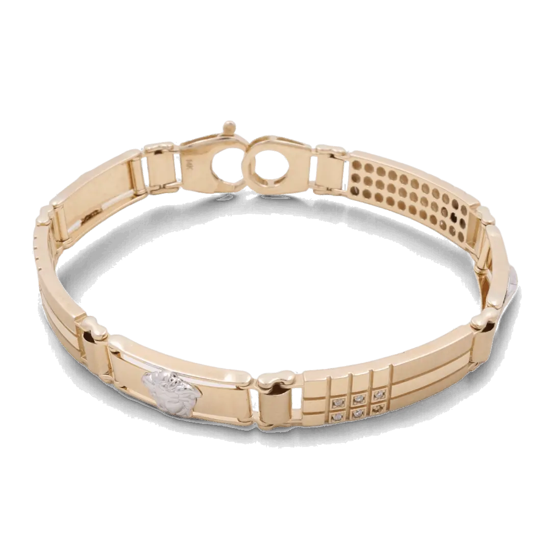 14K Yellow and White Gold Medusa Fashion Men's Bracelet / Stone: Cz/ Size: 8mm 8" / Weight: 17.7 GR