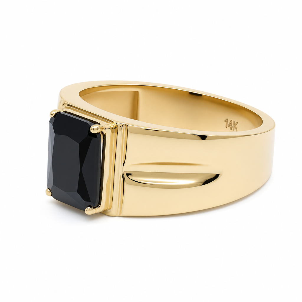 14K Yellow Gold Fashion Men's Ring with Black Stone / Size: 11 / Weight: 7.5 GR / LLBMR4FS