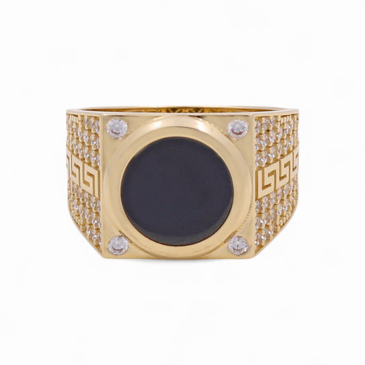 14K Yellow Gold SQ Greek Men's Ring With Onyx / Size: 11 / Weight: 8.4 GR / CPMR4FS-2