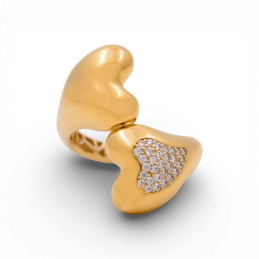 14K Yellow Gold Two Hearts Women's Ring with Cz / Size: 8.5 / Weight: 4.1 GR